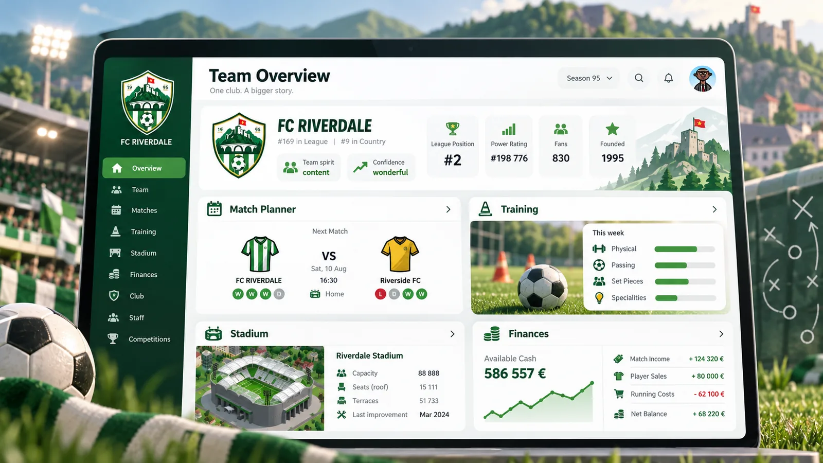 Illustrative Hattrick Club Advisor club operating view with match, training, stadium and finance panels