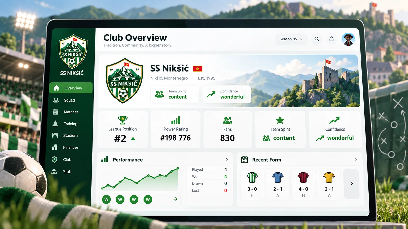 Illustrative club overview showing league position, team spirit, confidence and recent form