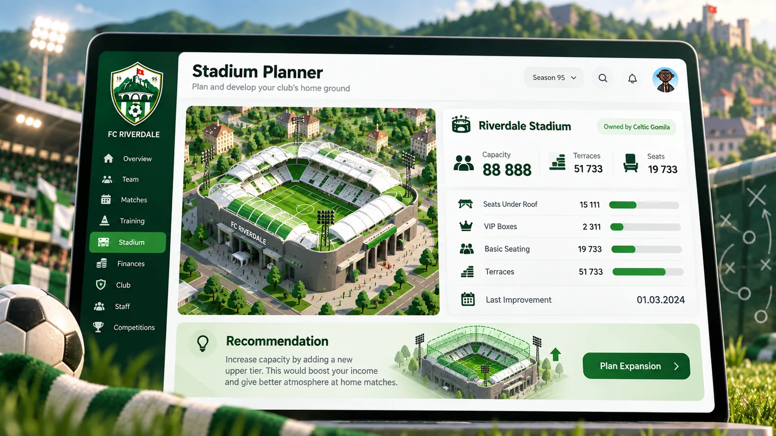 Illustrative stadium planning view with capacity, seating mix and expansion planning